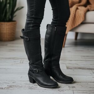 Frye Black‎ Leather Harness Carmen Pull On Zip Tall Heeled Buccaneer Boots 8.5